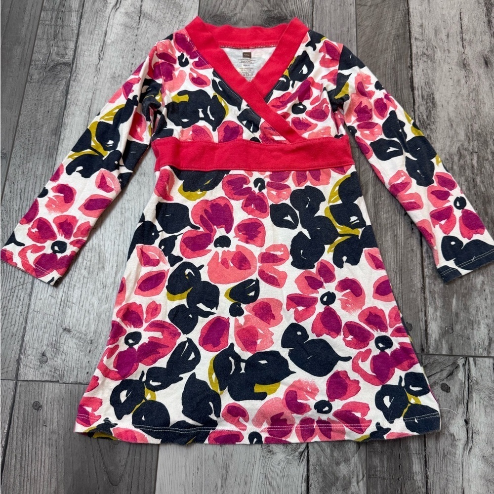 Tea Collection Dress Size 4 Long Sleeves Pink White Floral